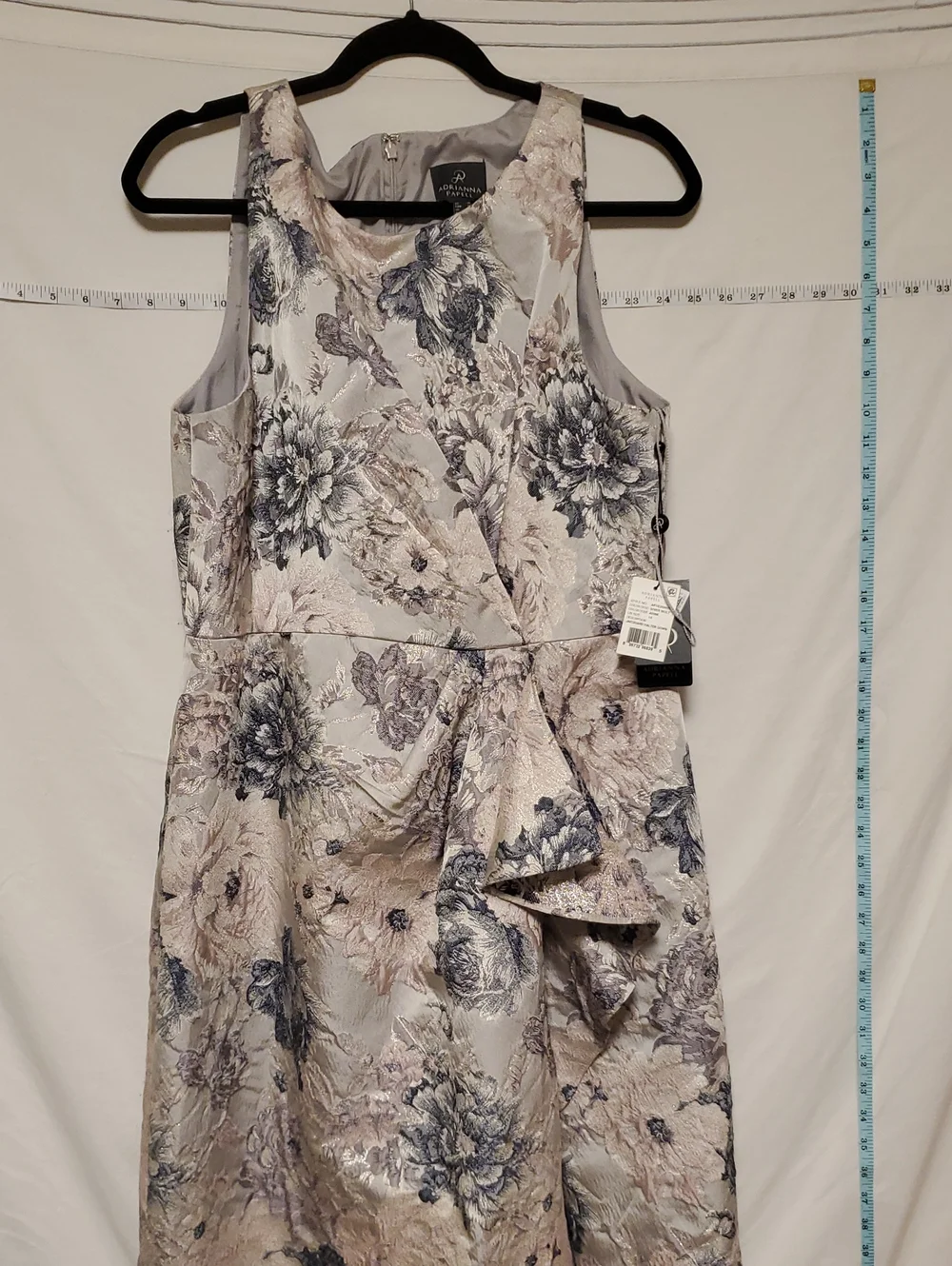 Adrianna Papell Silver Maxi Dress with Navy Floral Jacquard Sz 14